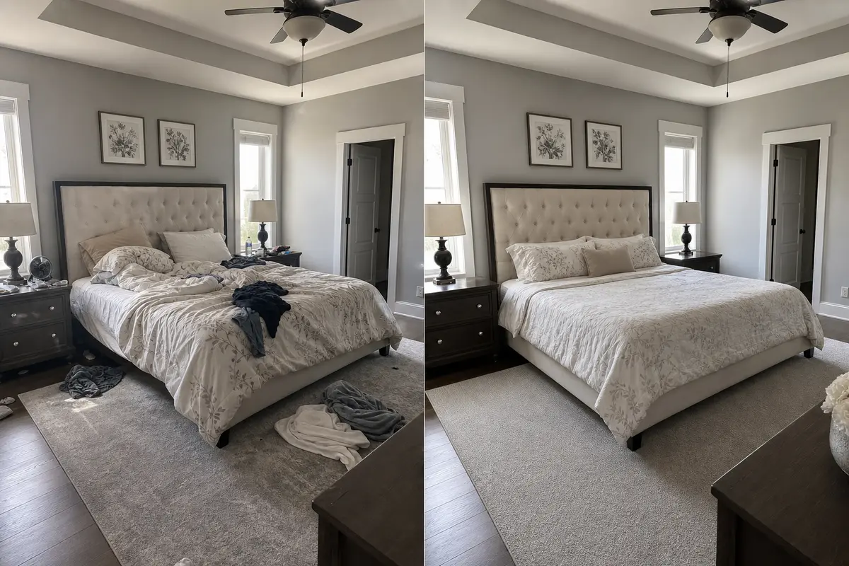 Bedroom before and after professional cleaning