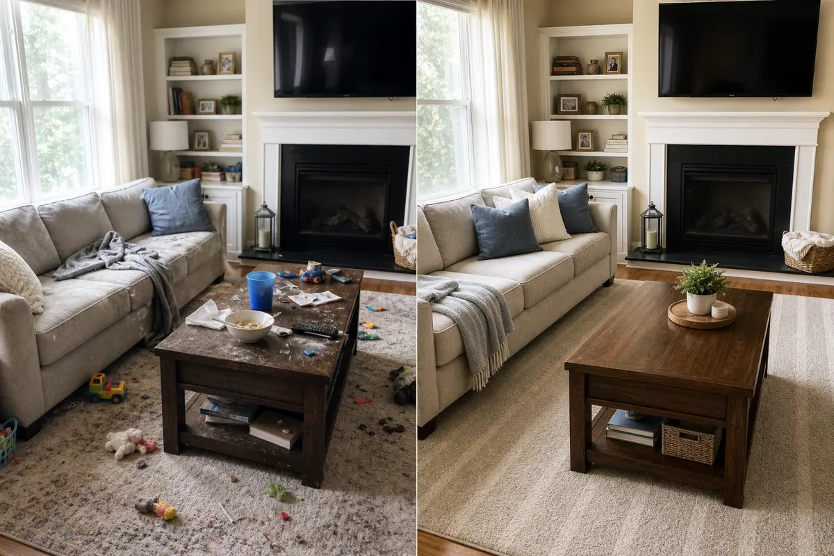 Living room before and after professional cleaning